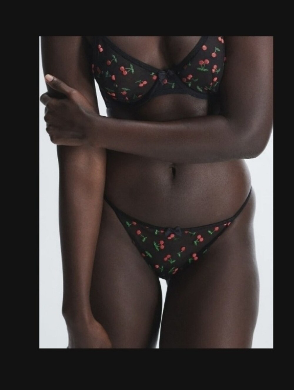 SET Savage X Fenty Black Sheer Bra and String Panties with Red Cherry Embroidery